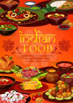 Indian authentic cuisine, traditional India restaurant food menu cover. Vector vegetarian vegetables, curry rice and tandoori meals, meat and fish in masala spices, gourmet cooking recipe