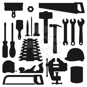 Work tools silhouette icons, home repair, renovation and remodeling handy instruments. Vector woodwork carpentry and construction tools, hammer, saw and screwdriver, wrench and drill with ruler