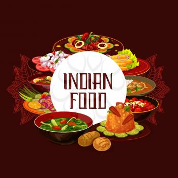 Indian cuisine food, traditional meals and India national dishes. Vector Indian restaurant menu or cooking recipe book cover, vegetables and rice, meat and fish, tandoori, curry and masala spices