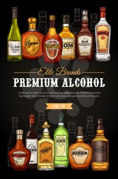 Alcohol drinks, premium beverages bar menu, store sketch poster. Vector elite quality brand vodka, Irish and Scotch whiskey and wine, elite cognac with absinthe, tequila and bourbon bottles