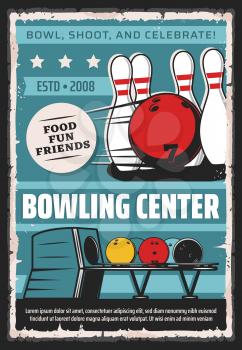Bowling center, sport game club and league tournament vintage retro poster. Vector bowling game club, balls and skittle pins equipment for strike, hobby entertainment and professional championship