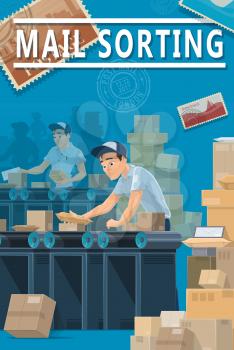 Mail delivery, post office sorting center, logistics and shipping service. Vector mailman couriers and post office workers sorting letters envelopes with postage stamps and parcels at warehouse