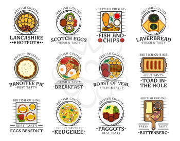 British cuisine food, traditional breakfast, lunch and dinner meals, restaurant cafe menu dishes. Vector English fish and chips, Scotch eggs and banoffee pie with veal roast and Lancashire hotpot