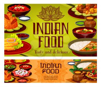 Indian cuisine menu food dishes, traditional authentic India restaurant meals. Vector fish salad, perch in Bengali style and lamb skewers, bughi bahor snack with rice garnish and curry chicken