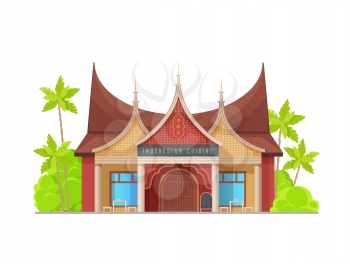 Indonesian cuisine restaurant building, vector typical asian architecture facade. National food cafe house exterior in red and gold colors. Traditional design with arched door, piked roof and ornament