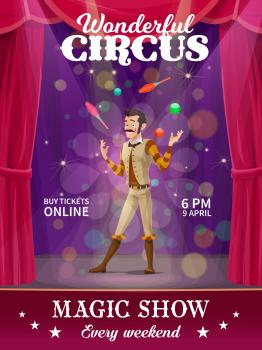 Cartoon juggler character. Shapito circus vector poster, funfair carnival show. Circus performer juggling pins and balls on stage in spotlight, entertainment fun theater show poster