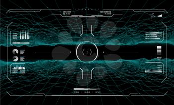 HUD target aim controls on futuristic screen interface, vector dashboard background. HUD target aims on radar screen, game dashboard and UI panel controls with crosshair technology