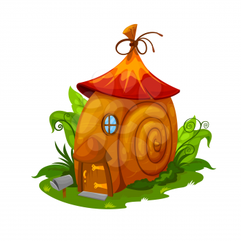 Fairy snail house, gnome and elf dwelling. Cartoon vector fairy home in cochlea spiral shell placed on green field with bushes and grass. Cute fantasy building with wooden door, window and mailbox