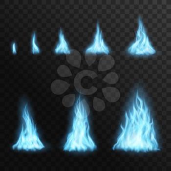 Burning gas blue fire flames, vector campfire blaze 3d effect for animation. Flaring stages from small to big. Realistic glow bonfire, shining flare design elements isolated on transparent background