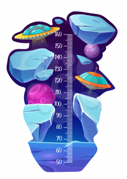 Space planet surface and UFO. Kids height chart with alien spaceships, flying saucer in outer space, cartoon vector fantasy planets and ice asteroids. Preschooler child growth meter