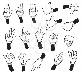 Cartoon glove hand and arm, comic hands with finger gestures. Vector palm show, pointing, count, holding and represent fingers and thumb up isolated on white background. Human gloved palm gesticulate