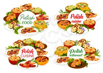 Polish cuisine restaurant menu cover template. Bigos, Faramushka soup and sausages, meatloaf ring, Kalduny and cabbage rolls, carp with sauce, dumplings with potatoes and hazelnut Mazurka, meat bread