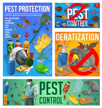 Pest control vector disinsection and deratization service. Insect extermination control at home with press sprayer. Exterminator spraying toxic insecticide against insects, vermin and rodents banners