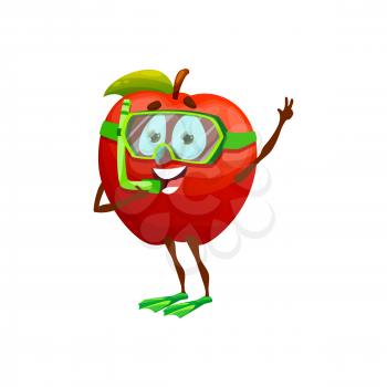 Cartoon apple in diving mask, tube and flippers isolated summer fruit character on rest. Vector funny red apple going to dive, summertime vacation holiday of fruit, travel and leisure outdoors