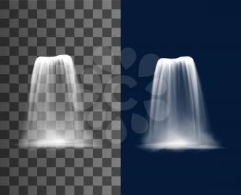 Waterfall cascade, realistic water fall stream, vector fountain cascading natural 3d design elements. Pure falling jet with fog, falling waterfall, streaming isolated on transparent or blue background