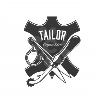 Tailor tools icon, sewing atelier and dressmaker vector label. Tailoring service and seamstress or clothing repair workshop sign with leather label, scissors and tracing wheel