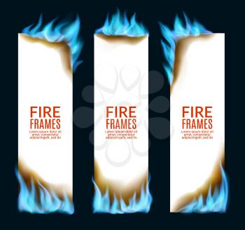 Burning paper banners with natural gas fire flames, vector. Burning paper pages in blue flames of natural gas with scorched edges and burnt effects, natural gas flaming sizzling glow