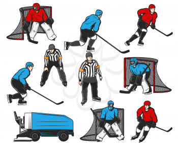 Ice hockey players icons and sport rink equipment, vector. Ice hockey player goaltender at gates goal, referee with whistle, forward with puck and stuck, ice arena resurfacer machine and defenseman