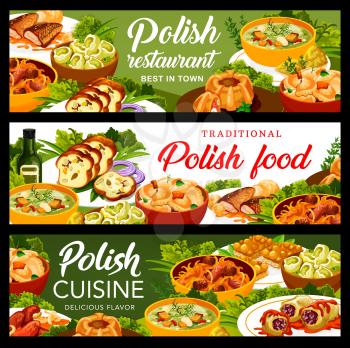 Polish cuisine meals banners. Sausages, Kalduny and meatloaf ring with quail eggs, carp, Bigos and cabbage rolls in tomato sauce, Faramushka soup, dumplings and hazelnut Mazurka with honey, meat bread