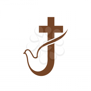 Christianity religion icon. Dove and cross silhouette, holly spirit, peace and Jesus Christ resurrection vector symbols. Christian catholic, baptist or orthodox church or commune emblem