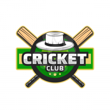 Cricket club icon, team league badge with bats and hat, vector emblem. Cricket sport game championship or tournament cup sign with crossed bats on green field