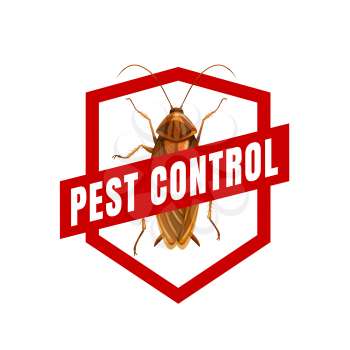 Cockroach pest control vector sign icon. Cockroach or roach pest insect and bug red prohibition sign for pest control service emblem, pesticide or insecticide chemical spray label