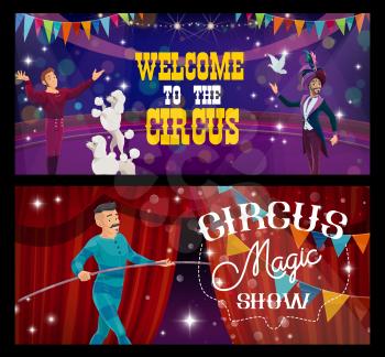 Shapito circus cartoon magician, trainer and rope walker, vector funfair carnival show. Circus funfair carnival magic show performance of magician illusionist, tightrope walker and trained dogs
