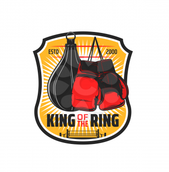 Boxing sport icon, kickboxing club and MMA martial arts vector emblem. Box or Muay Thai wrestling sport club and training center sign with boxer gloves and punching bag on ring
