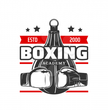 Boxing sport icon. Vector boxer gloves and punching bag, red ribbon banner and stars. Boxing sport fight club, academy or sporting competition isolated icon
