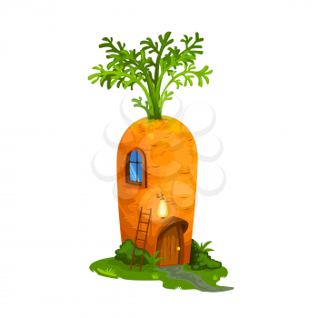 Fairy carrot, gnome house or dwelling for dwarfs and elf home hut, cartoon vector. Fairy tale carrot house of dwarf gnome in forest or garden, shelter house with door and window
