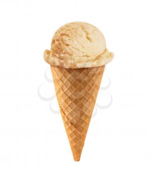 Realistic creme brulee ice cream scoop waffle cone. Vanilla gelato, 3d vector caramel sundae ice cream ball. Summer frozen dessert, ice cream in poke or sugar cone