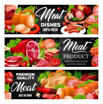 Sausages, meat products and greens. Vector pork and beef, ham and bacon, smoked frankfurter and salami. Meat store, smoked chicken or turkey, lettuce and rosemary, tomatoes and parsley