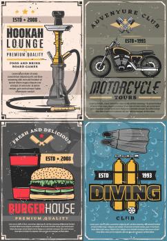 Hookah lounge bar and motorcycle adventure club, burger house and diving school. Vector smoke shop, travel tours on bike, fastfood restaurant and diver sport equipment, oxygen ballon, flippers