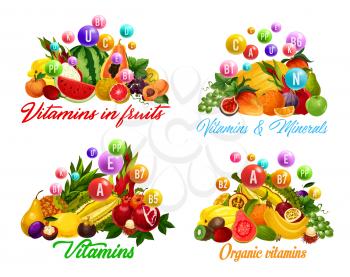Vitamins in fruits and berries. Vector tropical papaya and banana, durian and pineapple, mango and orange. Grapes and fig, peach and citrus desserts, multivitamins and minerals complex