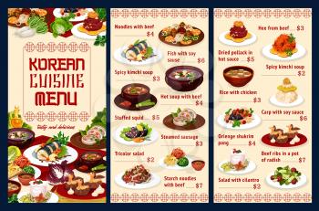 Korean cuisine noodles with beef, fish with soy sauce, spicy kimchi soup and stuffed squid, steamed sausage, tricolor salad. Starch noodles with beef and hee, dried pollack, shukrim pang. Vector menu
