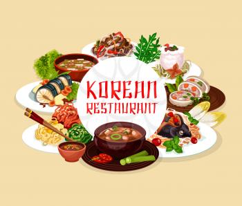 Soup and salads, Korean cuisine dishes round frame. Vector noodles with beef, salad with cilantro and stuffed squid, carp with soy sauce. Tricolor salad and starch noodles with beef, dried pollack
