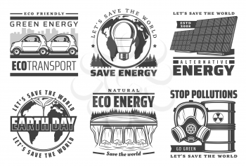 Eco transport and environment isolated vector icons. Alternative energy sources, earth day and water power station. Stop pollution, save the world, green forest and barrel with radiation sign