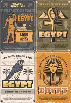 Ancient Egypt land of gods, retro museums and exhibitions. Vector God of sun Ra, falcon bird and palms, Tutankhamen mummy and pyramids. Coptic cross trees, Anubis and Horus, culture and religion
