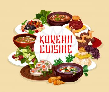 Korean cuisine banners, soups and salads. Vector steamed sausage, orienge shukrim pang, carp with soy sauce and ginger. Salad with cilantro, soup with beef, spicy kimchi and fish with noodles