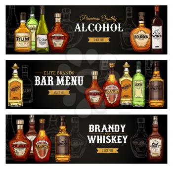 Bar menu banners, alcohol drinks bottles sketch. Vector premium quality shots and cocktail alcohol drinks rum, Scotch whiskey or cognac with wine bottle, absinthe and tequila and bourbon