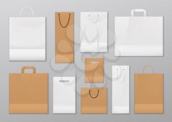 Paper shopping bags with handles isolated. Vector mockups of bags, sale containers to carry goods from shop. Disposable or reusable empty market packages with ropes, rectangular and square store packs