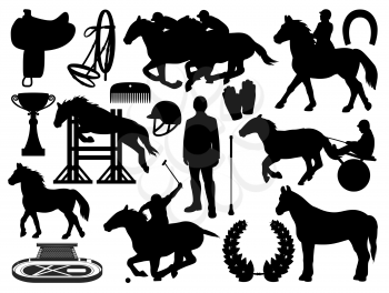 Equestrian sport and horse riding icons isolated. Vector horseshoe, whip and helmet, polo jockey and stallion jumping. Outfit gloves, racing cart and championship victory cup, equine saddle harness