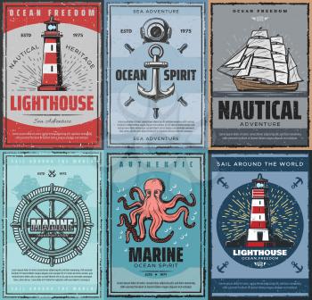 Sea adventures, nautical and marine concept, freedom of ocean. Vector retro lighthouse, diving mask, anchor and steering wheel, ship with canvas. Transportation by sea and octopus, sail round world