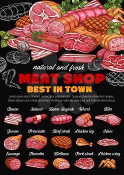 Meat shop, pork and beef sketches on chalkboard. Vector bacon and salami, baton soujouk and prosciutto , jamon and chicken leg. Butchery store sausages, farm beef steak and kielbasa, pancetta and ham