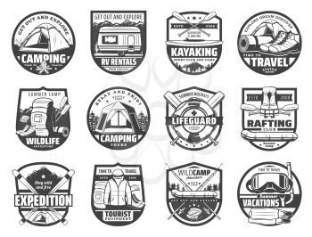 Travel and recreation, sport adventure isolated hobbies icons. Vector camping and tent, trucks on rent, kayaking and hiking. Wildlife adventures, lifeguard equipment and rafting, tourists expeditions