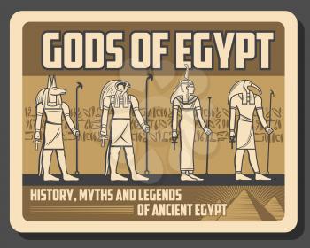 Gods of Egypt retro deities statues. Vector ancient Egypt religion and culture symbols, Ra and Anubis, Amun and Horus, hieroglyphics and treasure. Man with falcon head, Egyptian history myths legends