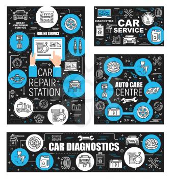 Car repair service and auto care center outline icons. Vector vehicle diagnostic, garage and restoration works. Thin line automobile symbols, spare parts and tire fitting, evacuation and oil change
