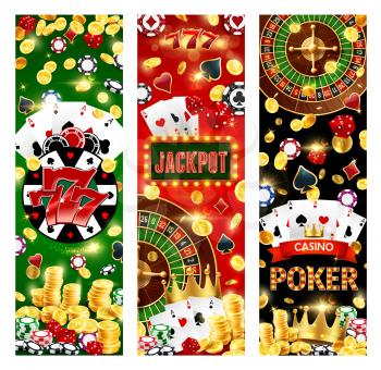 Jackpot in casino, poker game and lucky seven combination, gamble games. Vector wheel of fortune, neon sign, roulette and poker playing cards. Golden coins and stacks, dices and chips, royal crown