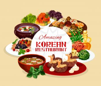 National Korean restaurant banner with traditional food of Korea in bowls. Vector hee from beef, fish with soy sauce, starch noodles. Ribs in pot of radish, rice with chicken, orienge shukrim pang