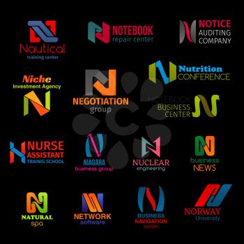 N icons and company corporate identity signs. Vector letter N, business audit company, commerce investment agency and nuclear engineering, university and spa salon or nautical sport training center